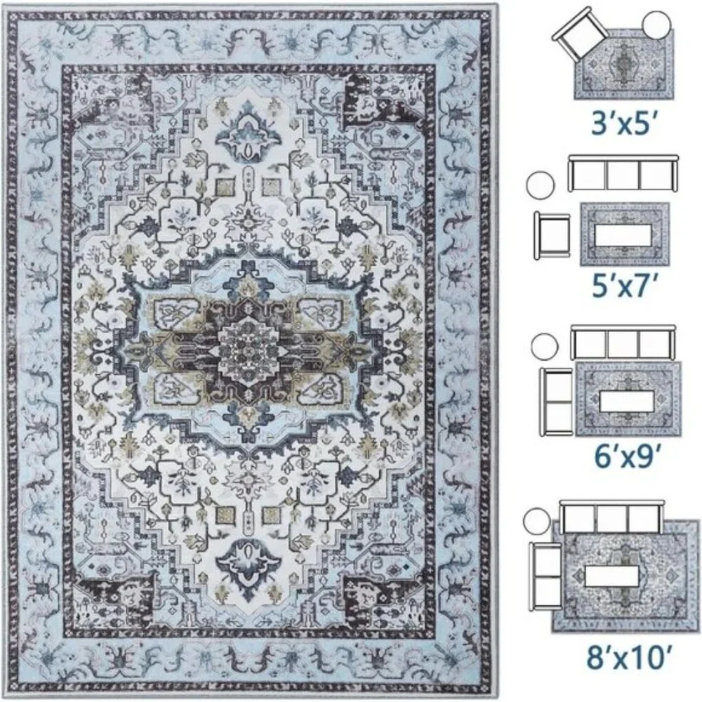 New 5x7 Blue Vintage Area Rug, Washable Low Pile Non-Slip Carpet for Living Room